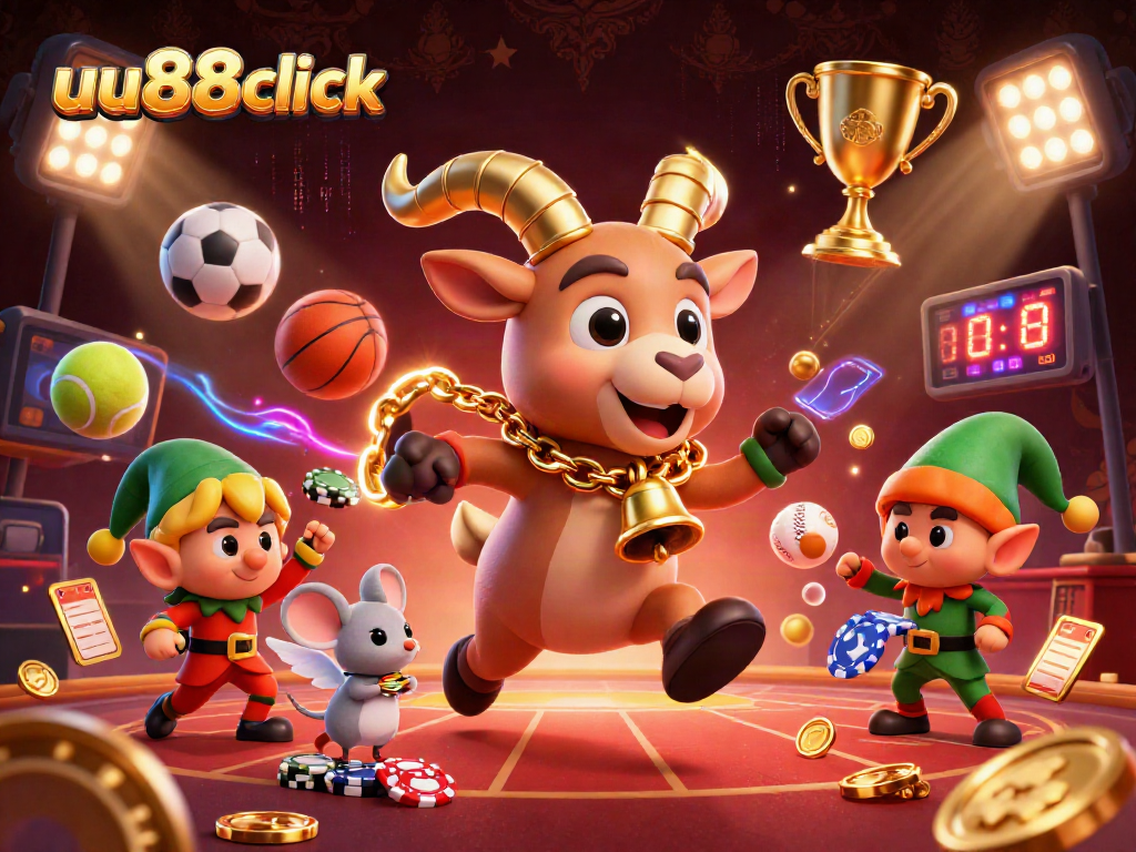 uu88click showcases a festive casino scene with a Krampus goat and mischievous elves in action.