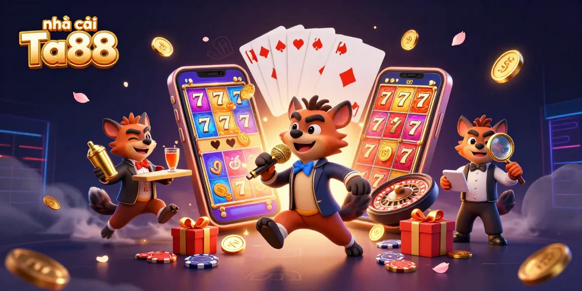 Engage in thrilling games at nhà cái Ta88 with hyenas hosting a vibrant casino night, showcasing slot action.