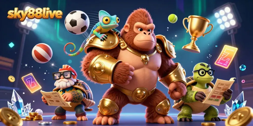 Experience exciting gaming with sky88live, featuring vibrant characters and casino elements.