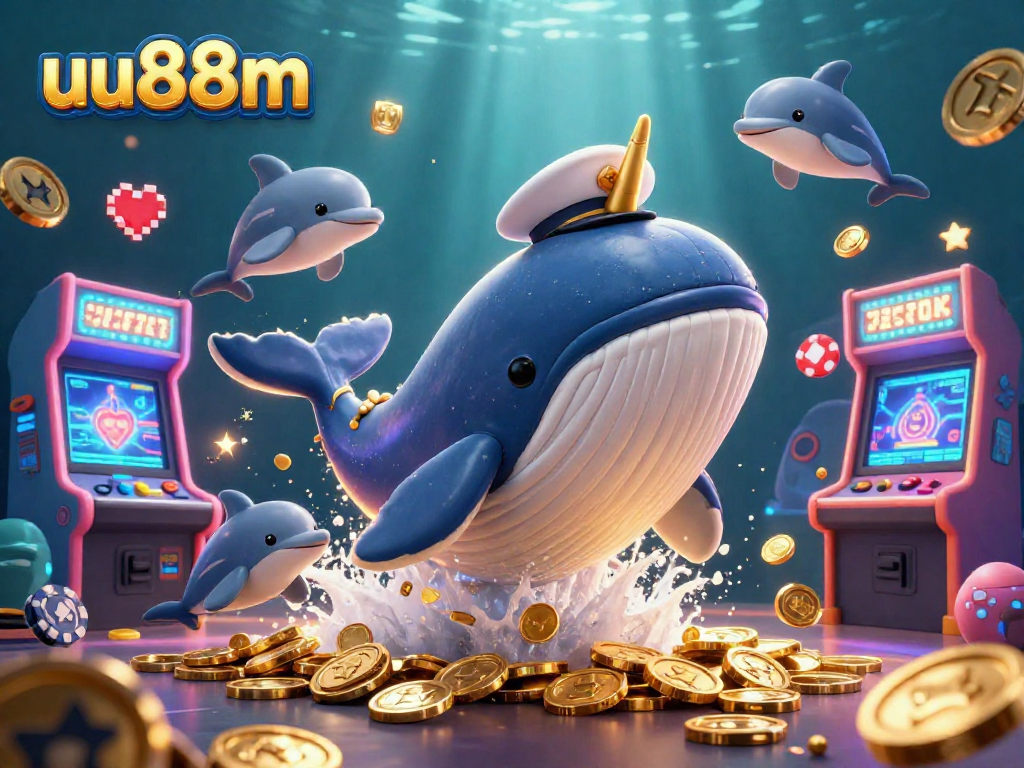 Experience the vibrant gaming world with uu88m, featuring a whale, a narwhal, and dolphins in a rich casino-themed scene.