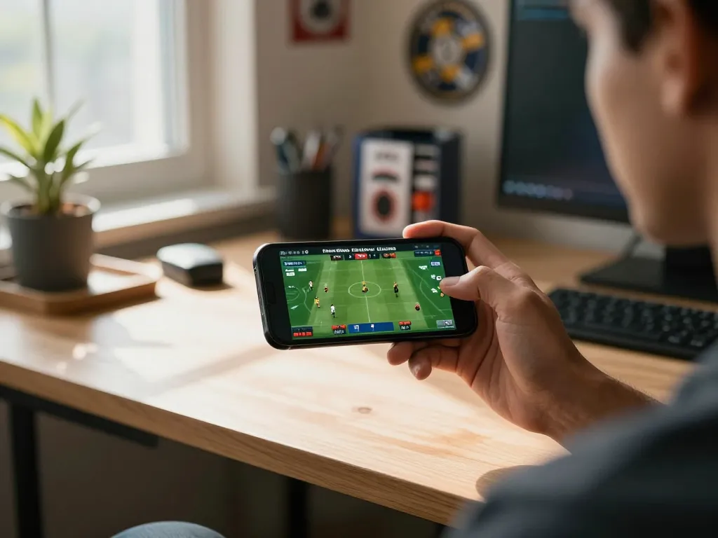 Person placing bets on live sports events on 8kbet com with smartphone in a cozy home setting.