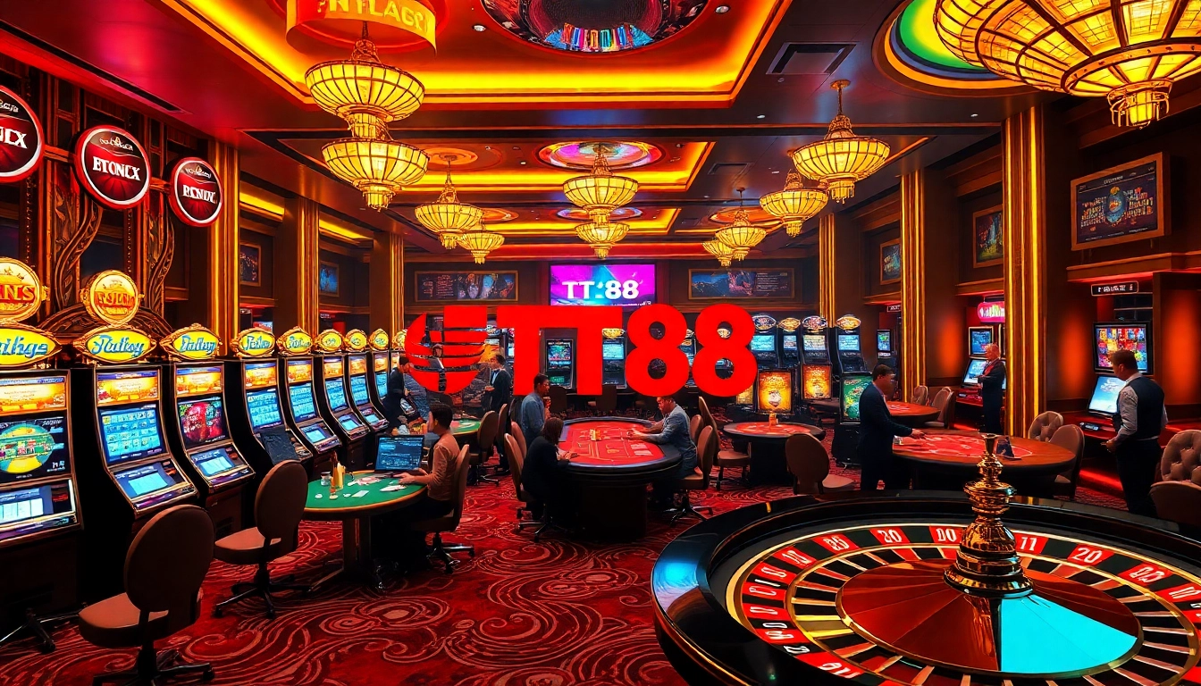 Players enjoying thrilling games at TT88 casino with poker chips and vibrant slot machines.