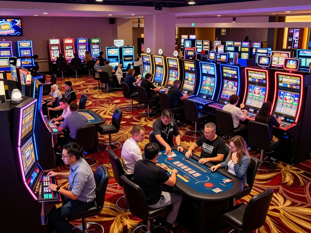 Players enjoying Sunwin games at vibrant slot machines in a lively casino atmosphere