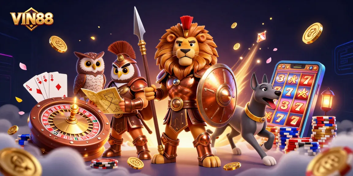Experience thrilling gaming excitement at VIN88 with dynamic casino elements and vibrant characters.