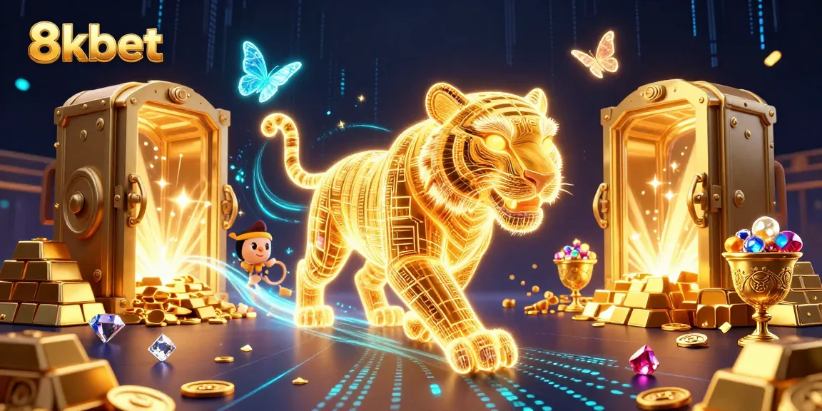 Experience the thrill of 8kbet in a dynamic digital casino scene with vibrant characters and treasures.
