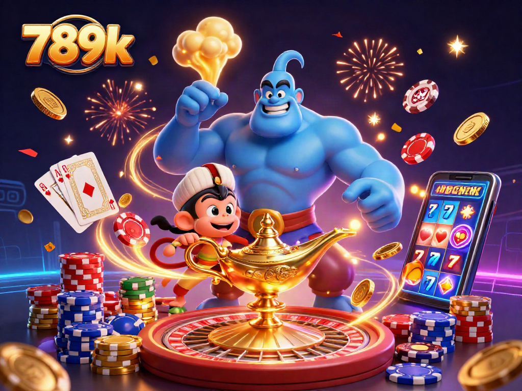 Experience the thrill of 789k casino gaming with a genie and treasures in this vivid illustration.