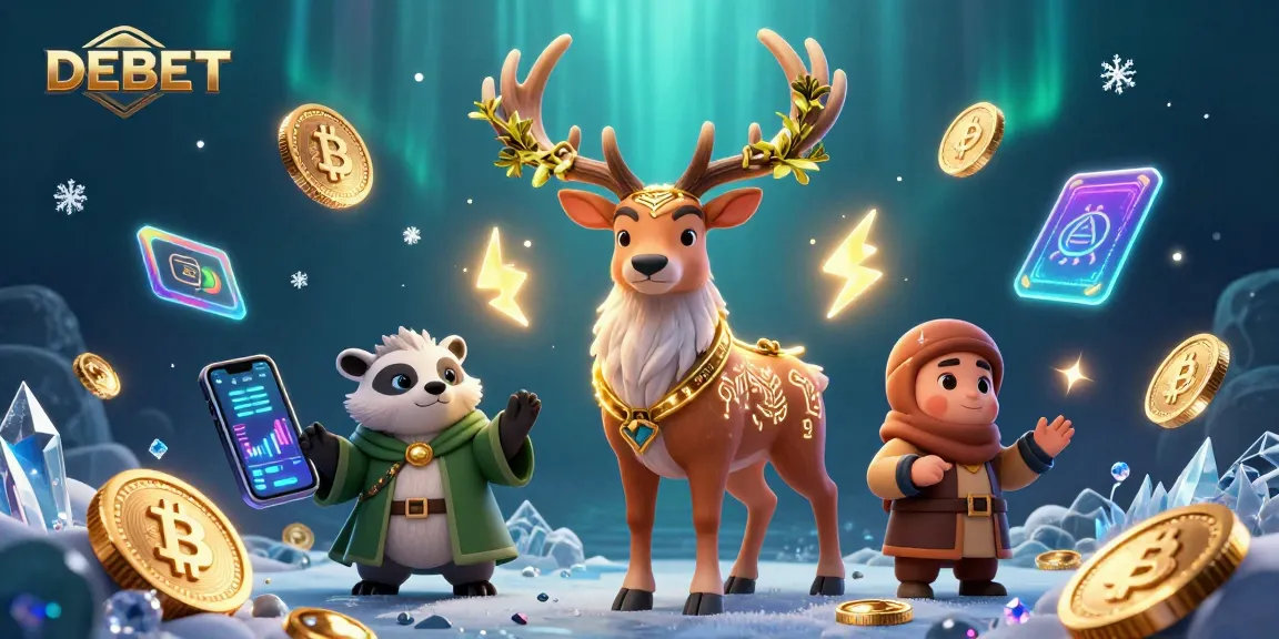 Spin the reels with DEBET's engaging slots surrounded by mystical elements and cryptocurrency symbols.