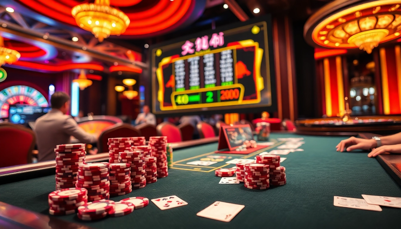 Players engaged in a thrilling game bài at a vibrant casino table with chips and cards.