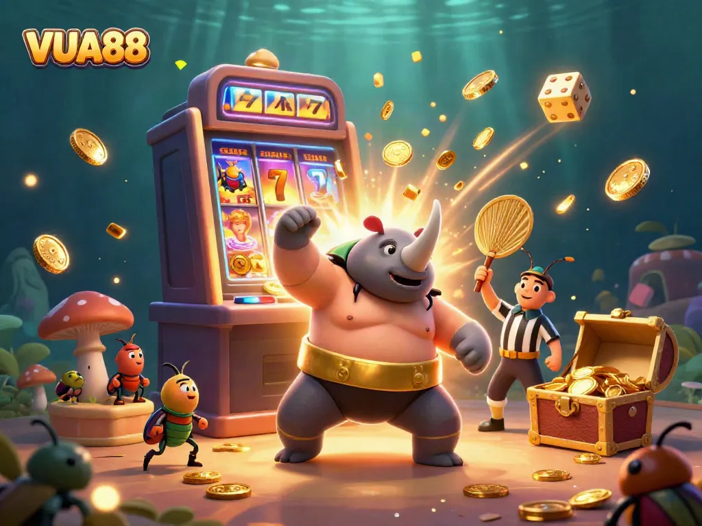 Experience the excitement of VUA88 with a thrilling 3D casino illustration featuring dynamic characters and vibrant game elements.