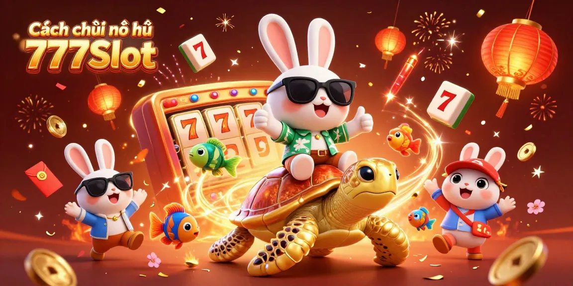 Cách chơi nổ hũ 777Slot illustrated with a lucky cartoon rabbit and sea turtle in a vibrant casino scene.