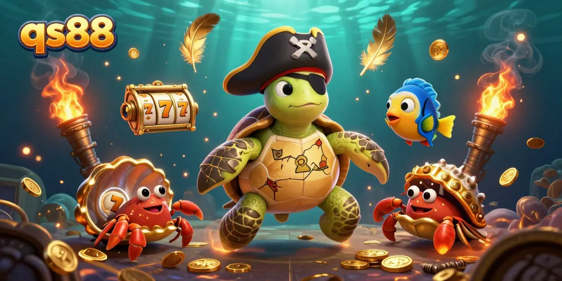 Experience slots action with qs88 featuring a pirate turtle, a hermit crab, and a parrotfish amidst sunken treasure.
