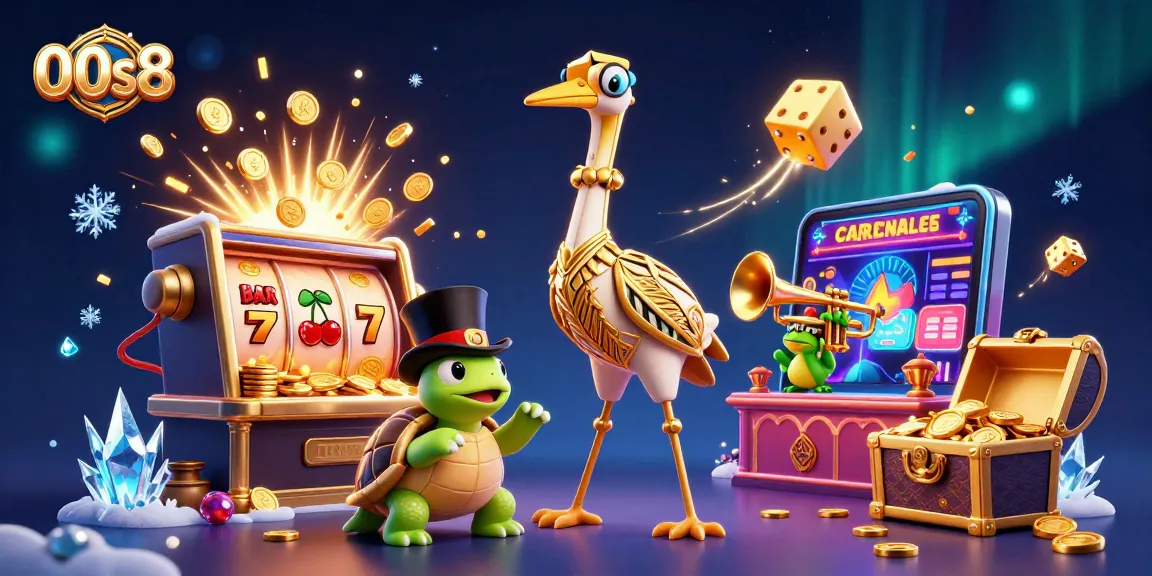 Experience the excitement of 00s8 with colorful slot machines and lively characters in a dynamic casino scene.