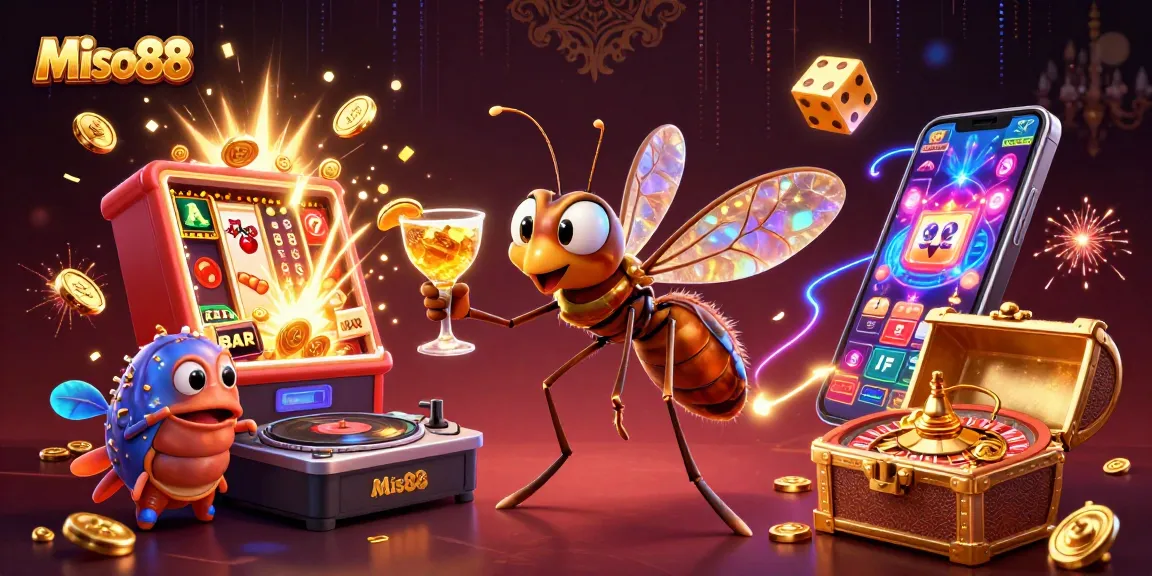 Miso88 showcases a casino mascot and characters amidst dynamic winnings, slot machines, and festive symbols.