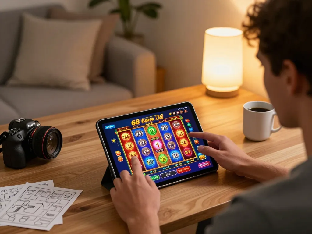 Player enjoying 68 Game Bài, engaging with colorful slot games on a tablet in a cozy home setting.