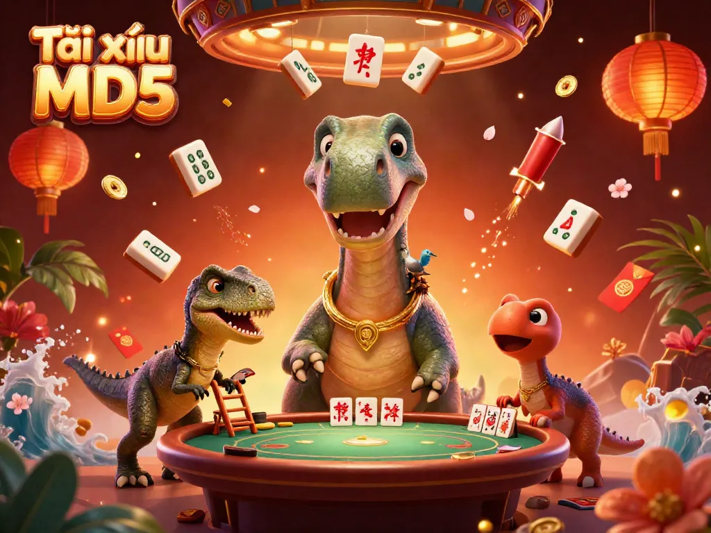 Tài xỉu MD5 interactive game scene with playful dinosaur and raptor dealer in an engaging casino.
