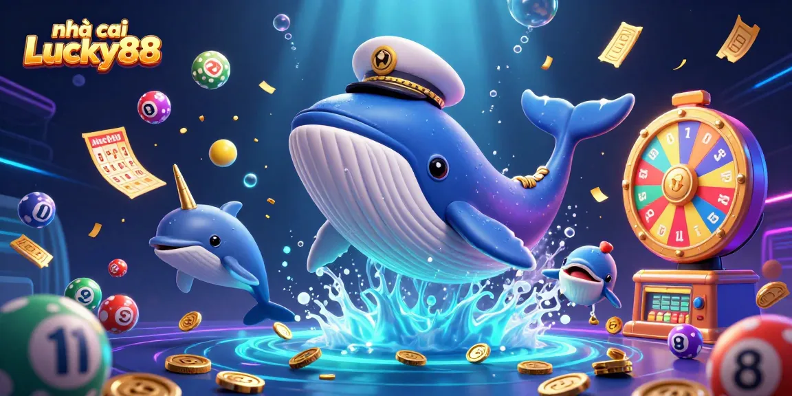 Play interactive games at nhà cái Lucky88 with vibrant casino-themed illustration featuring whales and lottery elements.