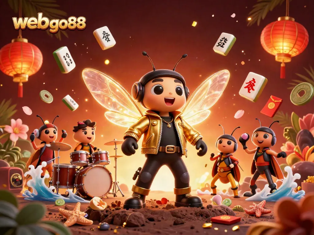 Engage with web go88’s vibrant gaming world featuring a rock star cicada and colorful casino elements.