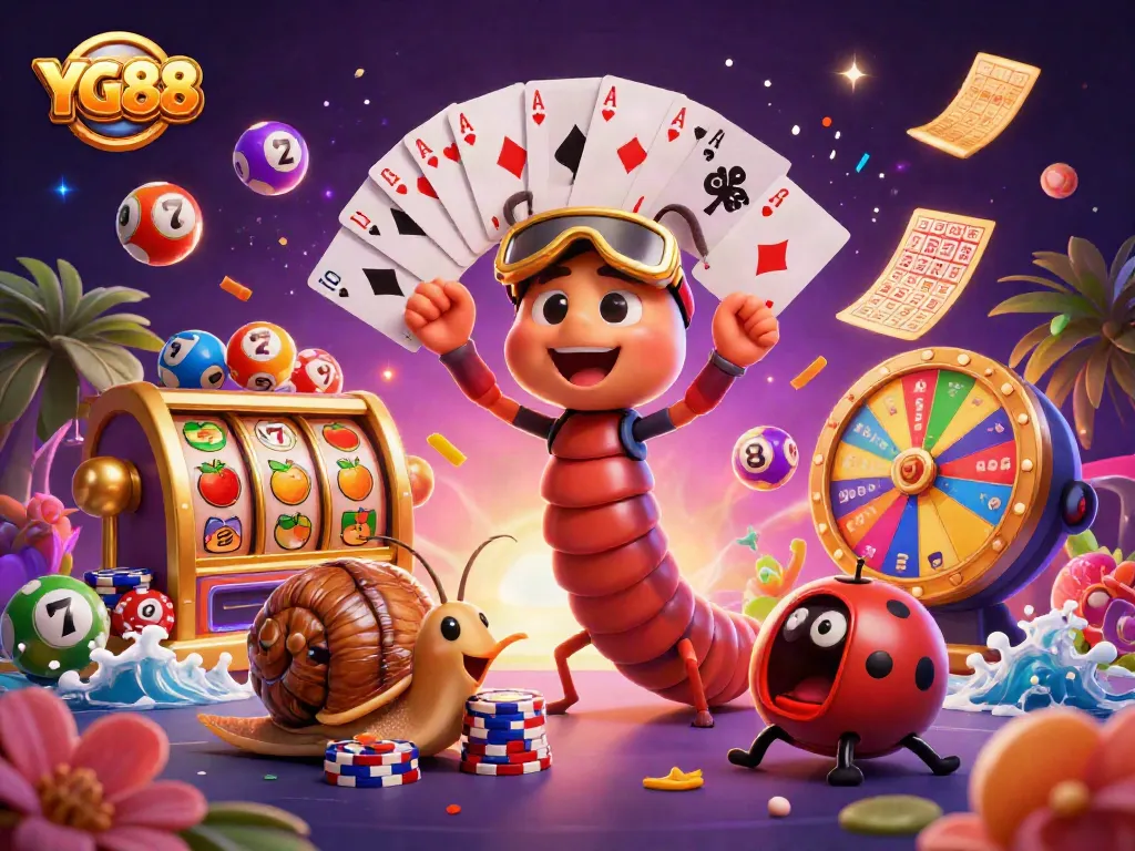 Experience thrilling bets at YG88 with a vibrant 3D scene of a playful millipede dealer and exciting casino elements.