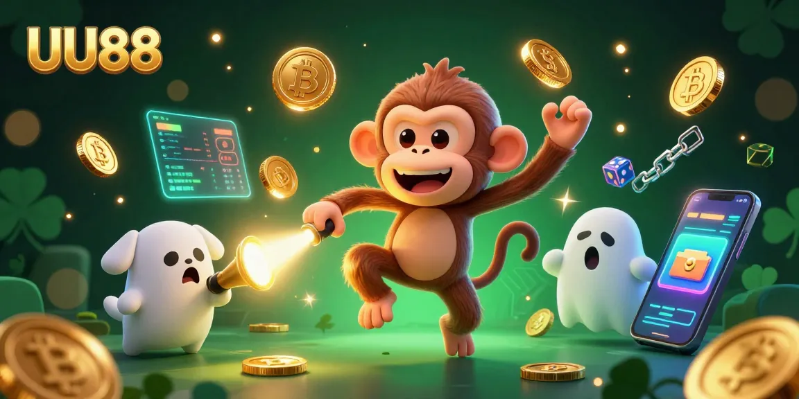Experience the thrill of UU88 with a mischievous ghost monkey juggling golden objects in a haunted casino.