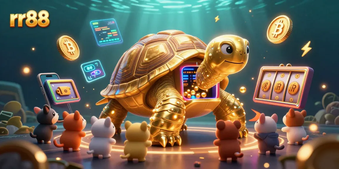 Experience the excitement of rr88 in this vibrant 3D casino scene with golden tortoise and jackpot elements.