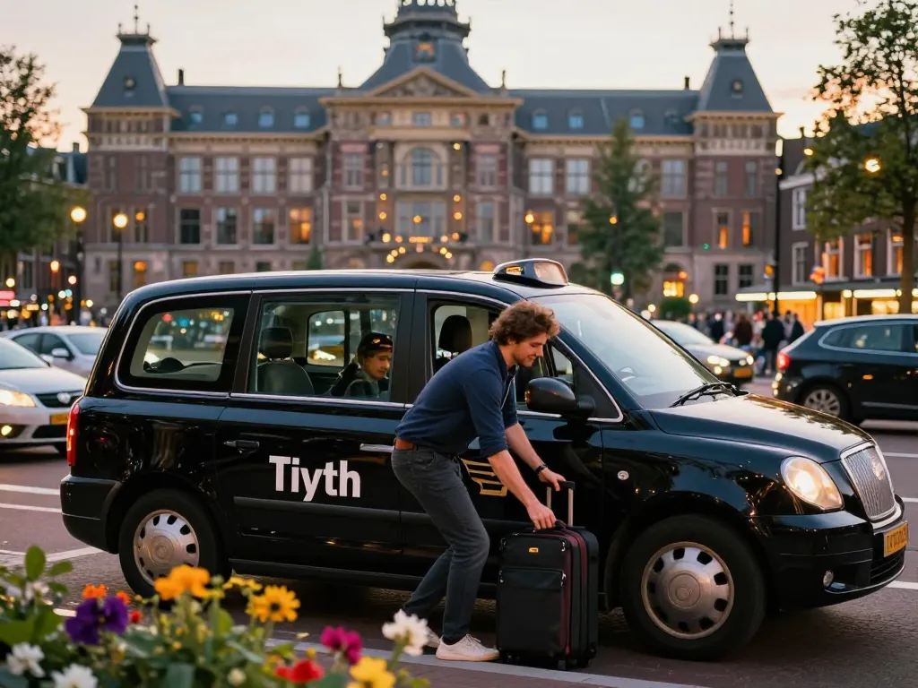 Taxi Amsterdam scène benadrukt een reiziger die in gesprek is met een vriendelijke chauffeur in een moderne zwarte taxi tegen de levendige Amsterdamse architectuur bij zonsondergang.