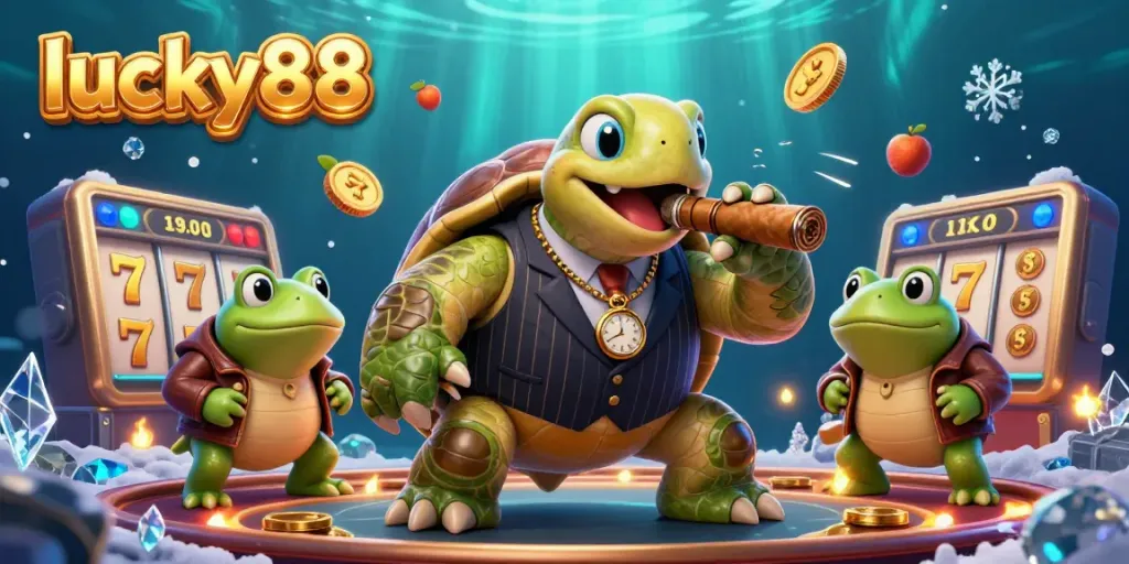 Experience exciting gameplay at lucky88 with a cartoon turtle mobster and bullfrog enforcers amidst vibrant casino elements.