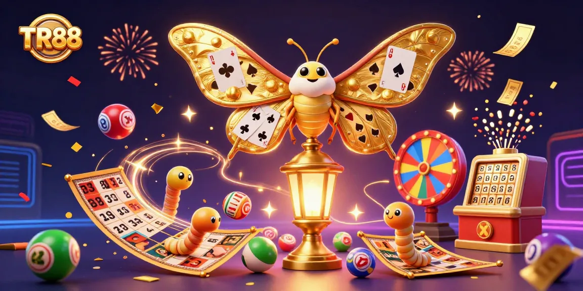 Experience the excitement of TR88 with colorful lottery elements and a stunning 3D moth illustration.