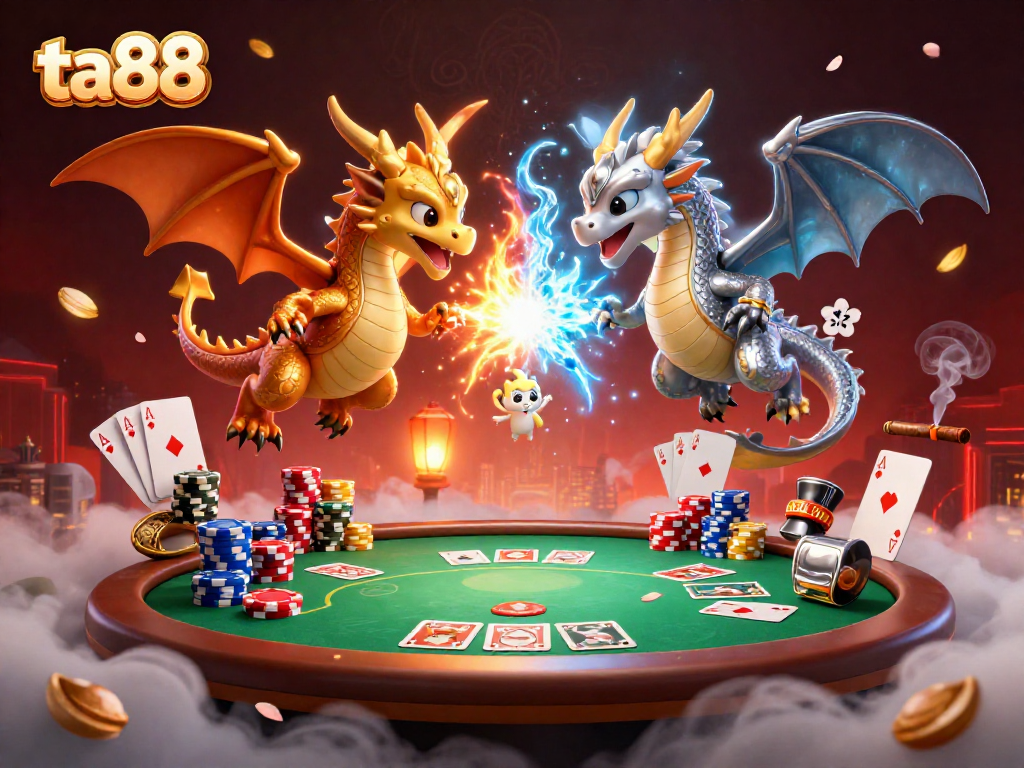 Engage in thrilling gameplay with ta88 featuring lively dragons amidst vibrant poker elements.
