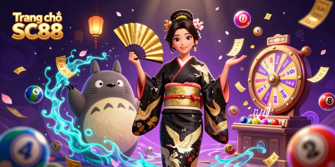 Engage with Trang chủ SC88 in a vibrant casino-themed 3D illustration featuring lottery games and cultural elements.