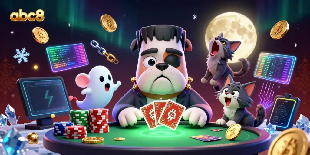 abc8's cartoon gaming scene featuring a Frankenstein bulldog dealing cards at a spooky table.