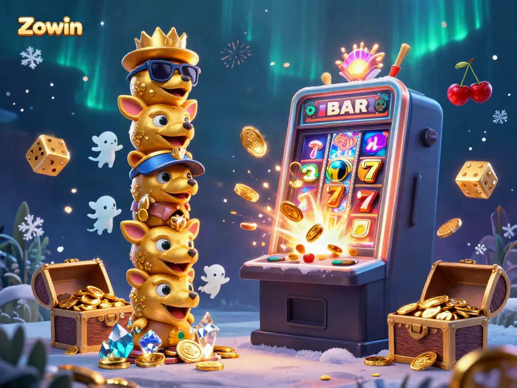 Experience the excitement of Zowin with this vibrant 3D illustration showcasing an energetic casino scene filled with playful totem poles and jackpot symbols.