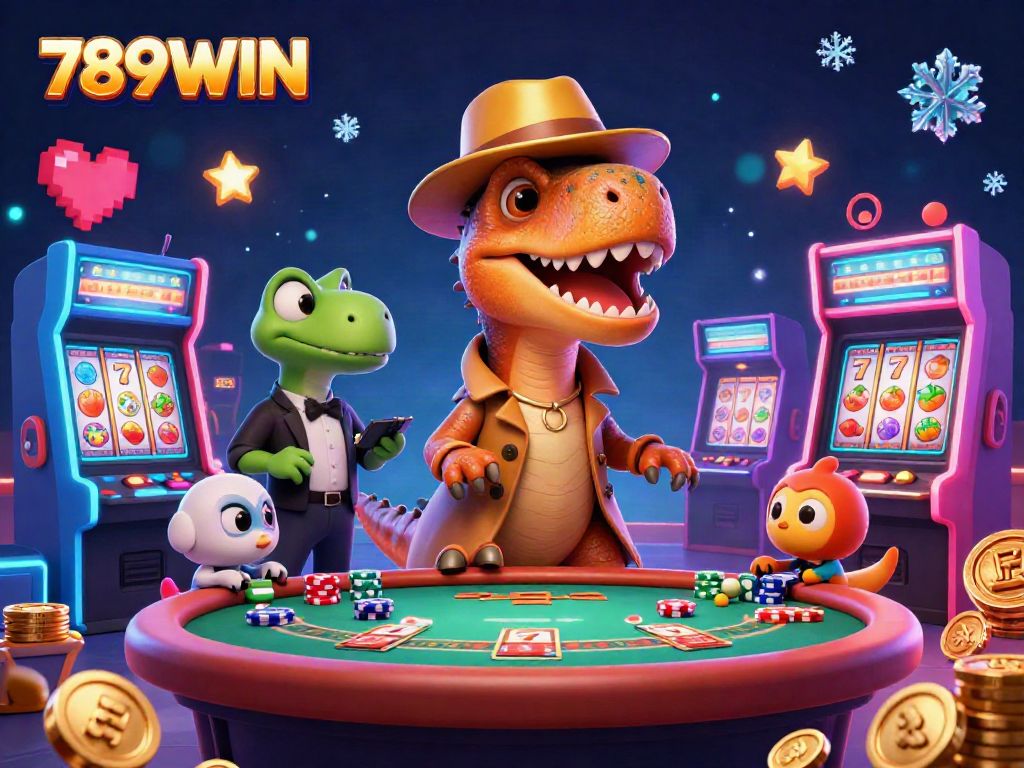 Join the fun at 789WIN and witness a colorful casino scene with a velociraptor and friends!