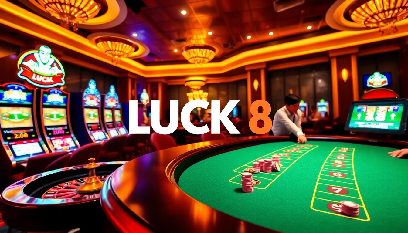 Experience the thrill of LUCK 8 gaming with vibrant tables, roulette wheels, and engaging online interfaces.