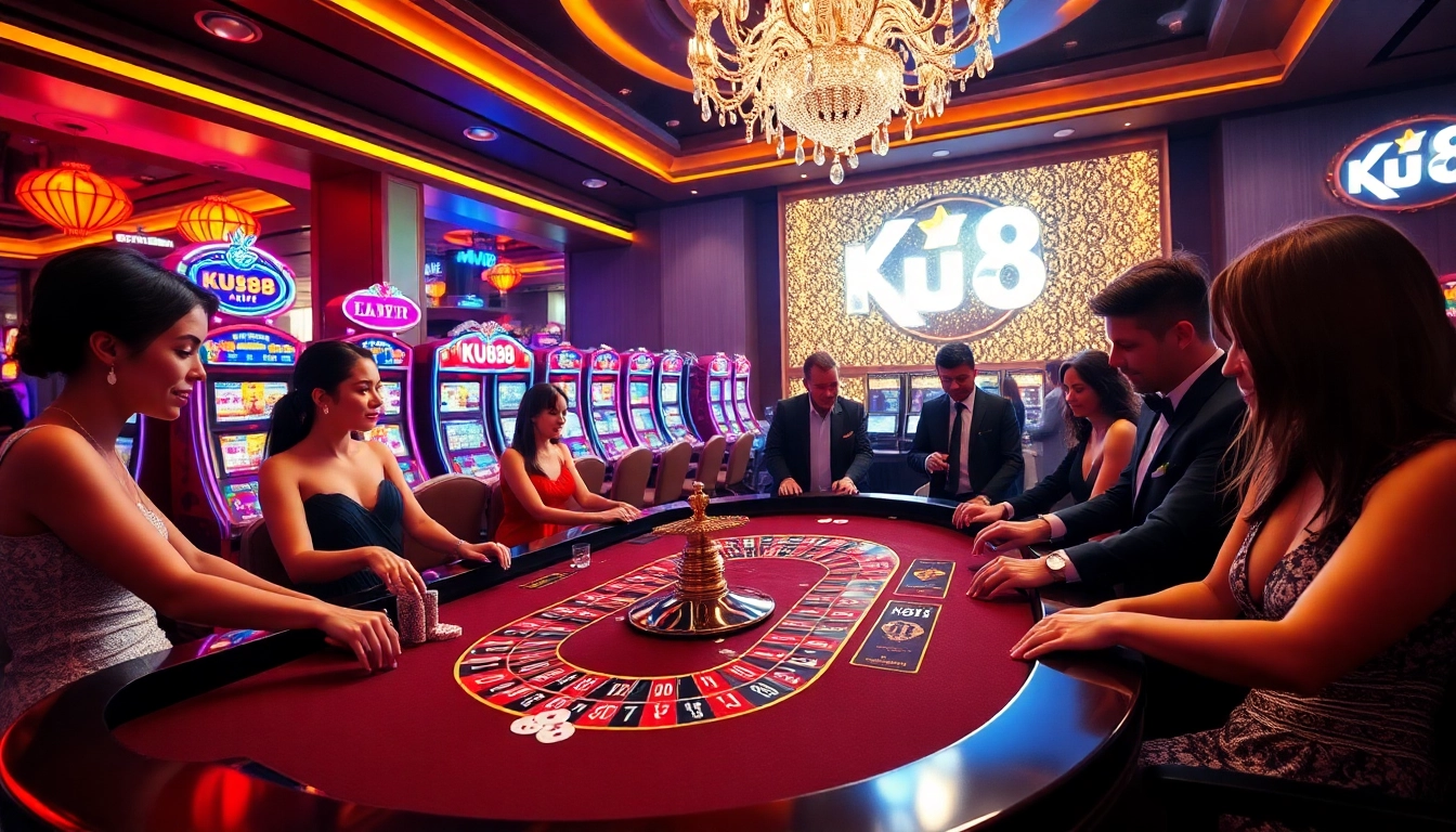 Experience luxury gaming at Ku88 with an exciting roulette table and vibrant casino atmosphere.