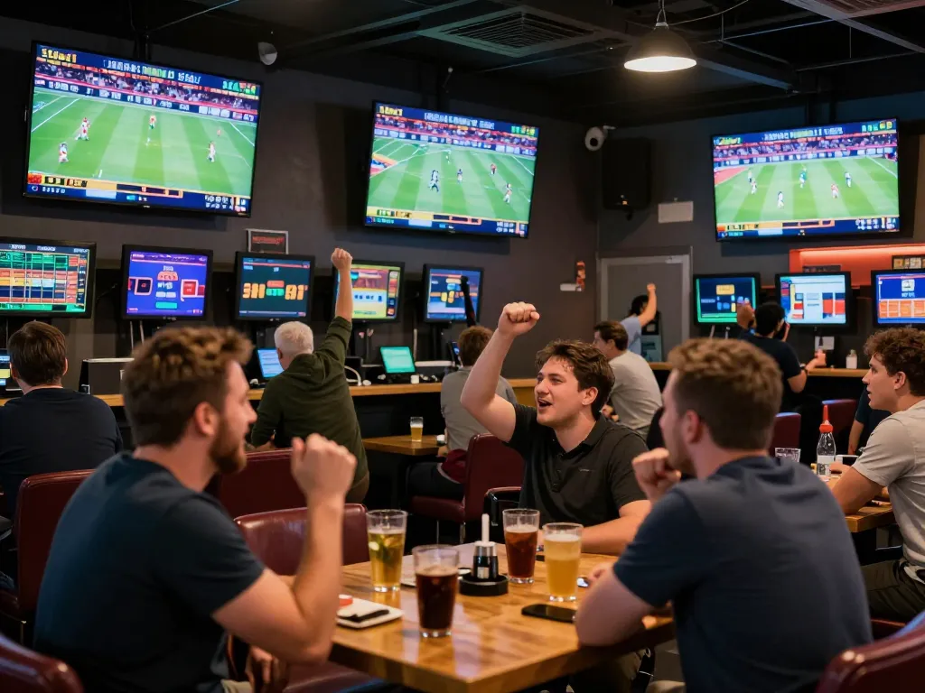 Experience live sports betting dynamics at 11bet1 with patrons engaged in intense gameplay.