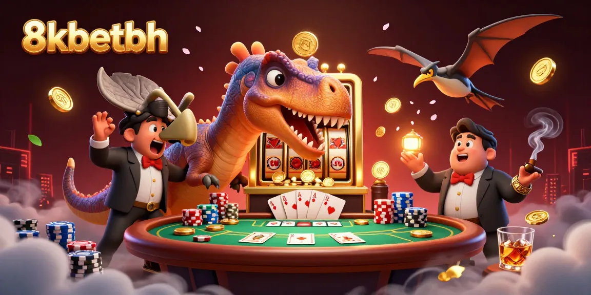 8kbetbh celebrates casino excitement with a vibrant scene of cartoon dinosaurs and a jackpot slot