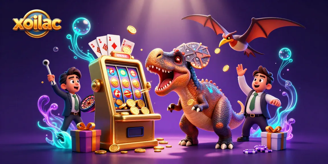 xoilac theme with dinosaur characters and jackpot celebration in a vibrant casino setting