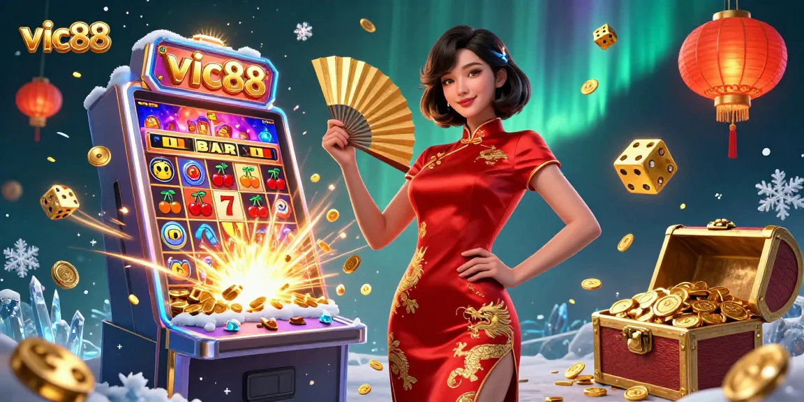 Experience excitement with vic88 as a beautiful woman surrounded by gold coins and casino elements.