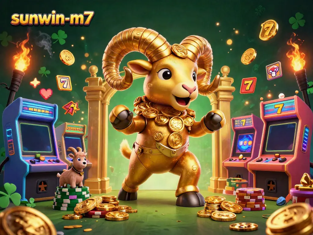 Experience excitement at sunwin-m7 with a golden ram charging through colorful slot reels and jackpots.