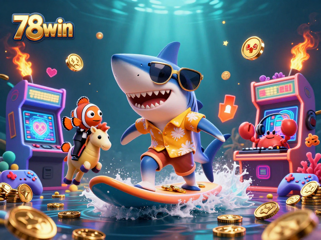 78win players enjoy exciting gaming moments with a hammer-head shark surfing coins and fun game elements.