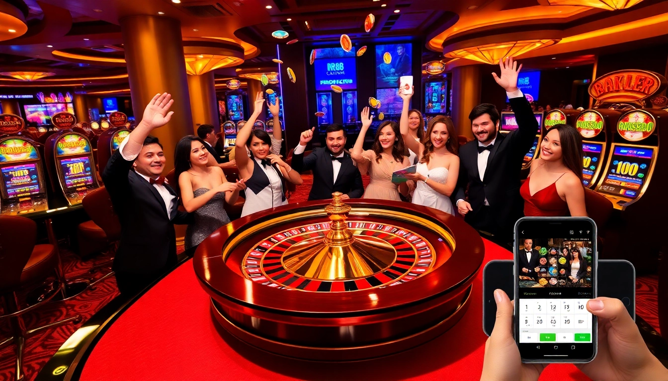 Players celebrating a win at RR88's luxurious casino, featuring roulette table and vibrant atmosphere.