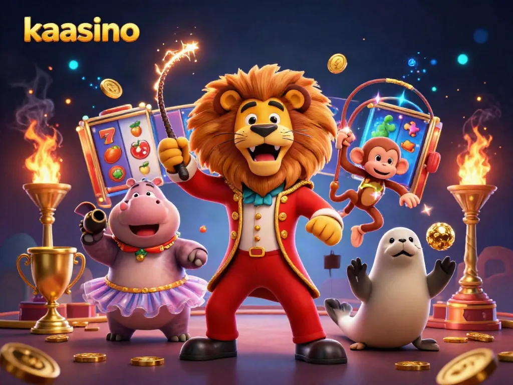 Kaasino circus-themed digital illustration featuring vibrant characters and slot game elements for immersive gaming.
