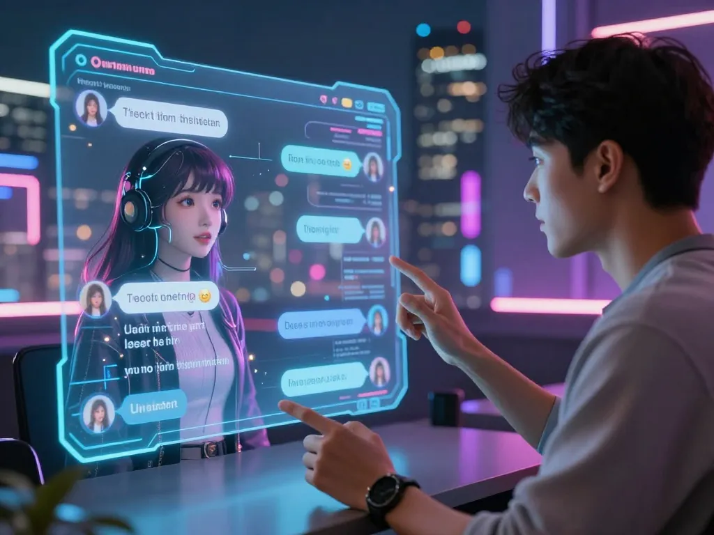 Interactive AI NSFW chat experience with dynamic character avatars in a digital landscape.