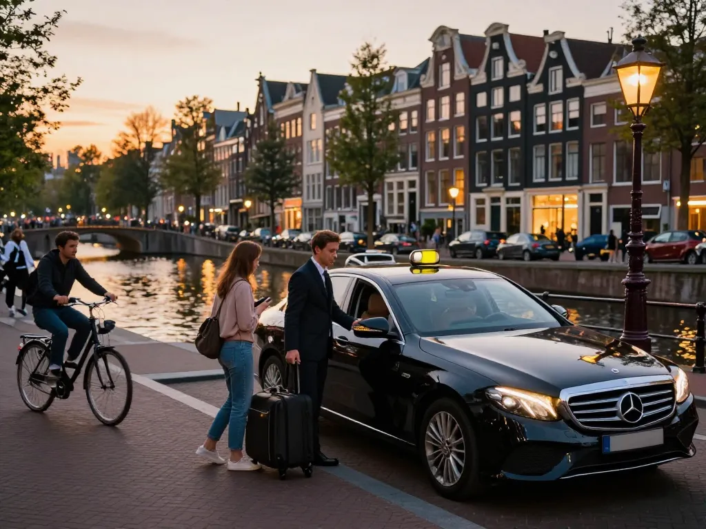 Taxi Amsterdam met professionele chauffeur in een luxe Mercedes-Benz aan het iconische kanaal.