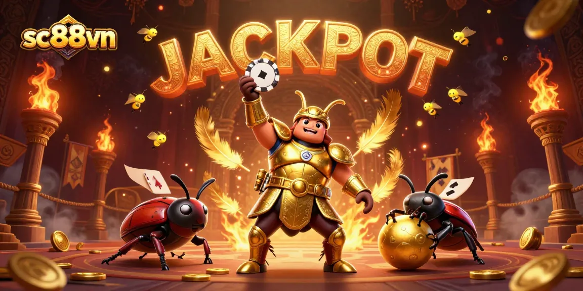 Experience the excitement of sc88vn with this victorious golden beetle lifting a poker chip, surrounded by casino elements.