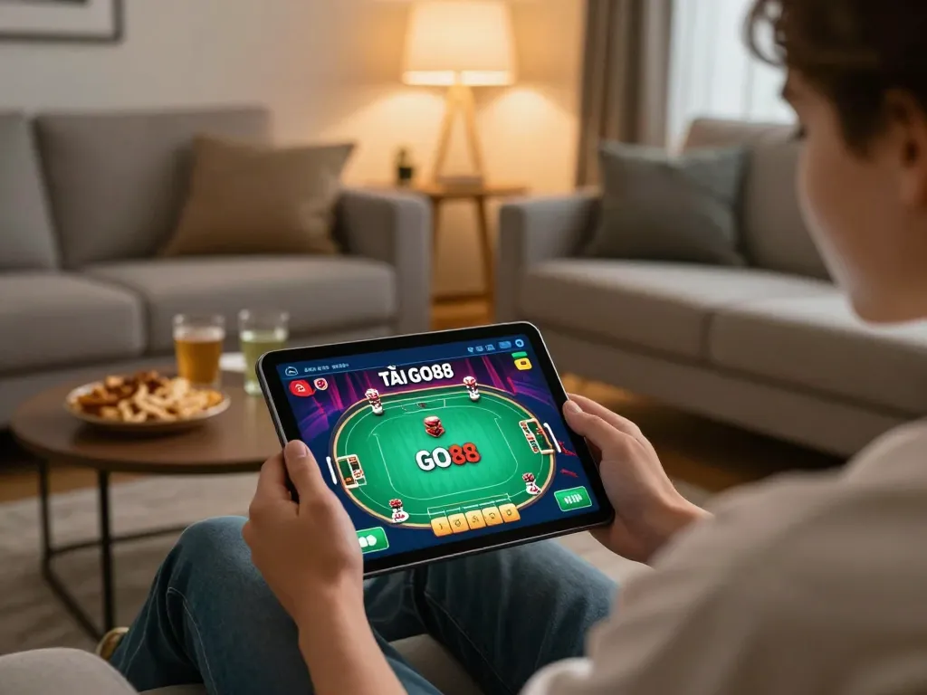 TẢI GO88 while engaging in online poker gaming on a tablet, cozy home setting.