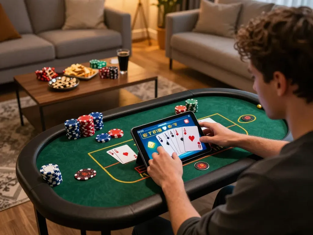 LUCKY88 player engaged in online poker game at home with cozy atmosphere and snacks.