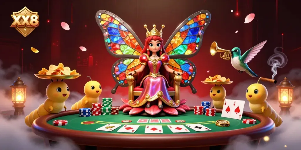 Experience the colorful, dynamic world of XX8 with the butterfly queen amidst poker elements in this vibrant casino scene.