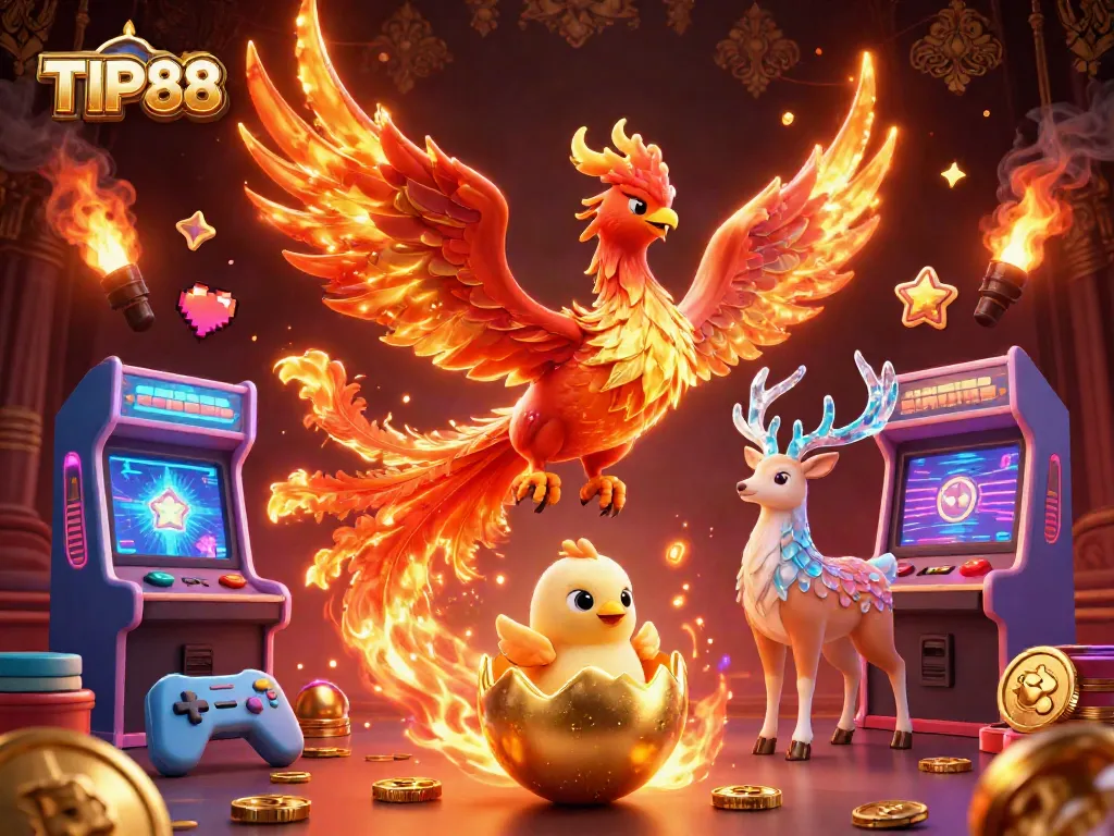 Join the excitement at TIP88 with a vibrant 3D scene featuring a phoenix, arcade games, and casino elements.