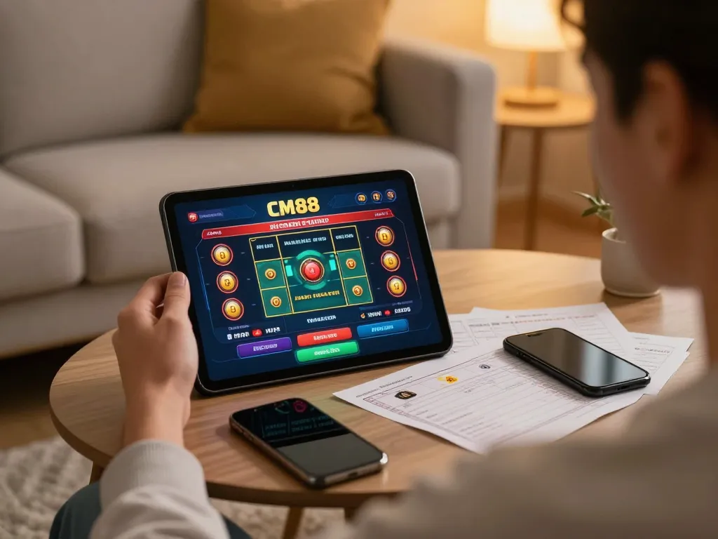 Using the CM88 app on a tablet for online gambling at home with strategy notes.